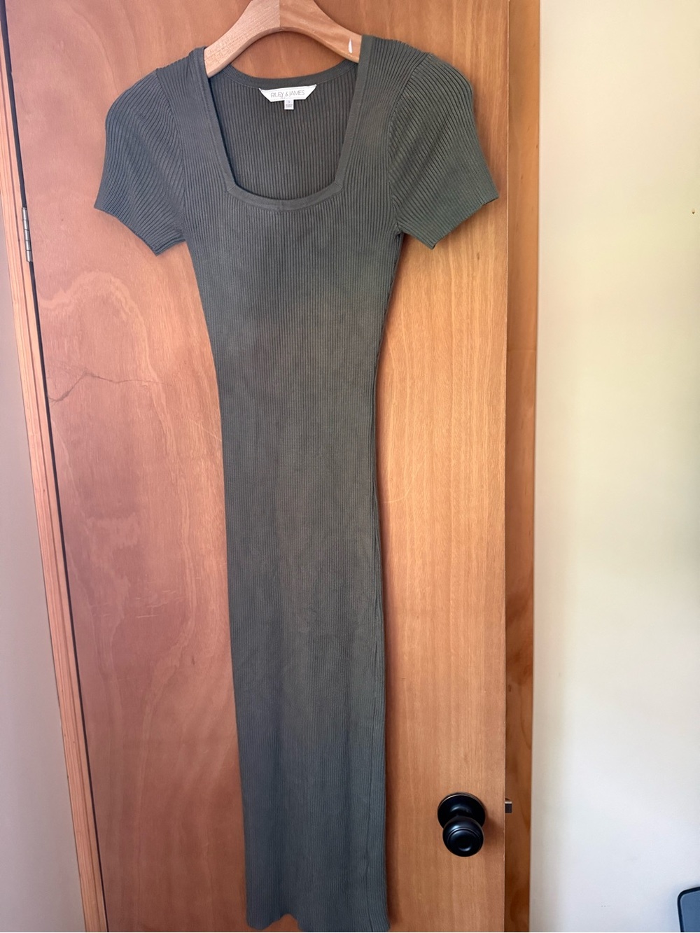 Olive Green Ribbed Square-Neck Midi Dress